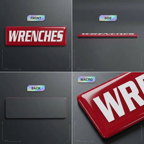 35 Pack Magnetic Toolbox Labels Set For Tool Chests And Drawers, 3mm Thick DuraGloss Epoxy Tags, Oil Resistant Red Mechanic Labels For Steel Carts And Cabinets, Pro Grade Grippy Organization For Shop Garage And Workbench, showing front, side, back, and close-up views.