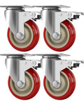 Tough As Nails Three Inch Swivel Caster Wheels With Brake Four Pack Red Polyurethane Rollers with shiny steel frames.
