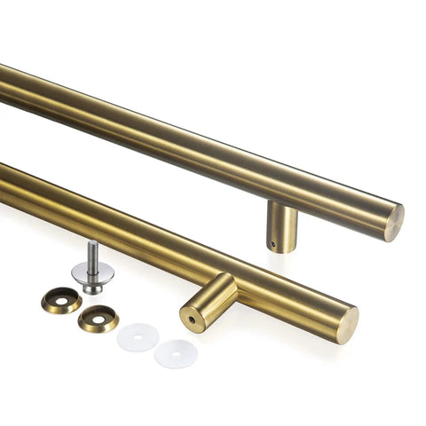 48 Inch Solid Stainless Steel Push Pull Door Handle Built To Last With Heavy Duty Standoffs Commercial Grade 304 Satin Gold Finish For Barn Doors And Glass Doors Rugged Mounting Hardware, gold finish with mounting hardware