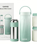 Portable Stainless Steel Breast Milk Cooler With 360 Degree Chill Holds Two Bottles For 24 Hours Mama Approved Ride Along Insulator For On The Go Nursing Stash And Work Commute with two bottles and packaging.