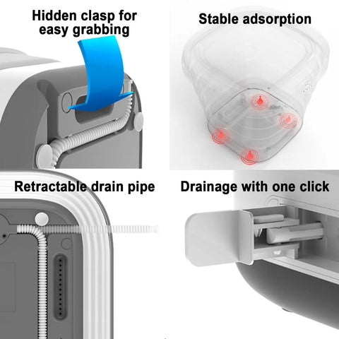 Slick Portable Mini Washer And Dryer Combo Featuring Foldable Touchscreen Panel with drain pipe and clasp details.