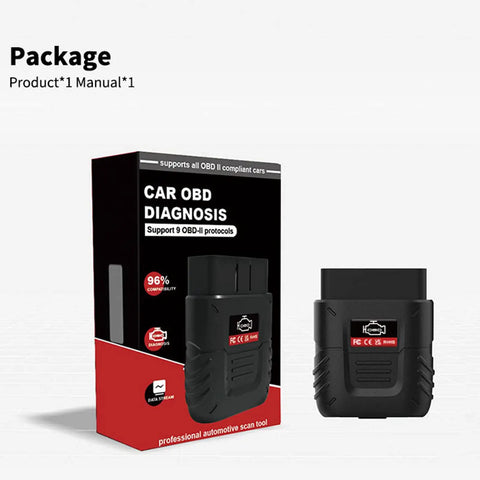 OBD2 Bluetooth Car Diagnostic Scanner For iOS And Android Plug And Play Wireless Code Reader package and device shown