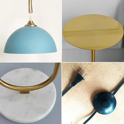 Modern Standing Floor Lamp With Built In Table For Bedroom Or Living Room Ideal For Reading Brushed Brass Finish With Blue Lampshade Sleek Minimalist Design For Cozy Ambient Lighting