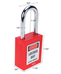 Red keyed alike safety padlock with label, used in Heavy Duty Gate Valve Lockout Set With Keyed Alike Safety Padlocks, Built Tough.