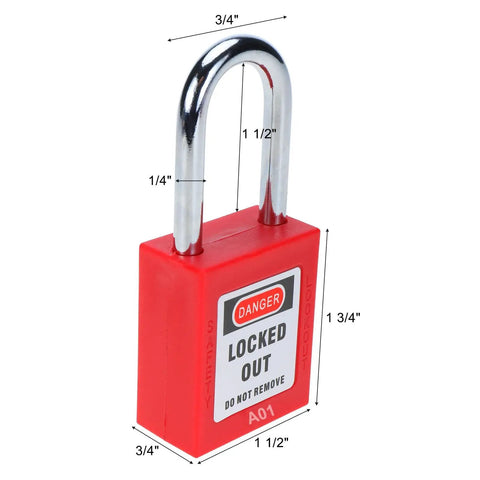 Red keyed alike safety padlock with label, used in Heavy Duty Gate Valve Lockout Set With Keyed Alike Safety Padlocks, Built Tough.