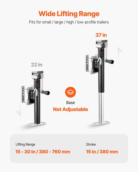 VEVOR trailer jack with ergonomic handle; 2500 lb dynamic load, bolt-on, 15 in travel; base not adjustable