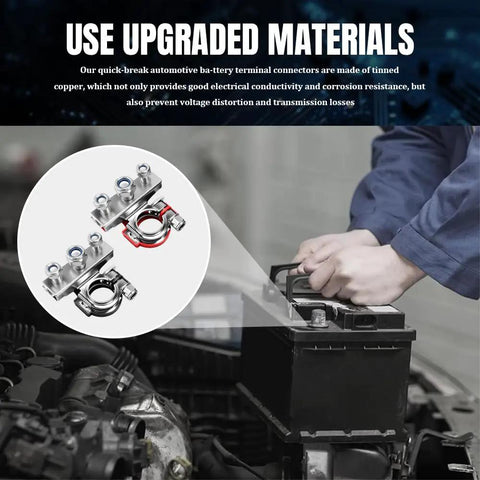 Person installing 12V Top Post Battery Terminal Kit 2 Pack with 3 Way Quick Release Connectors on car battery.