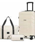 Beige expandable luggage set with spinner wheels, includes carry-on, duffle, and toiletry bag for travel, features TSA lock and durable design.