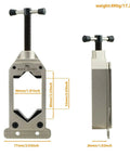 Oversized Bicycle Fork Steerer And Seatpost Cut Saw Guide Adjustable Pro Grade Tool side and front view with dimensions