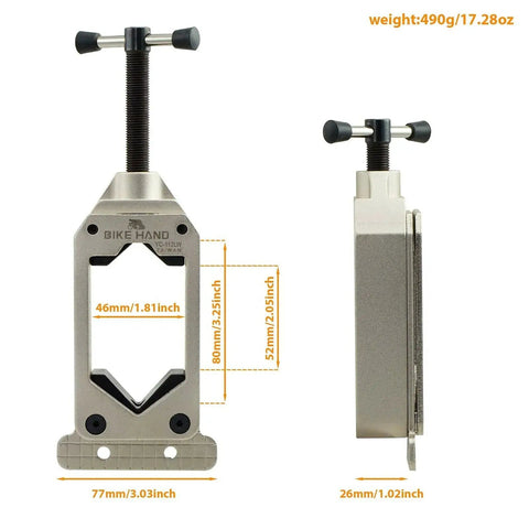 Oversized Bicycle Fork Steerer And Seatpost Cut Saw Guide Adjustable Pro Grade Tool side and front view with dimensions