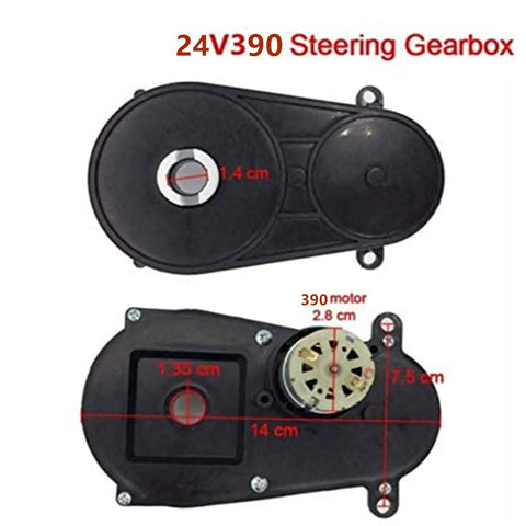 Slick 24V 390 Steering Gearbox With Motor for Kiddos Electric Ride On Cars showing dimensions and design details.
