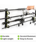 Heavy Duty Fishing Rod Rack for Garage or Vehicle Wall with Soft Rubber Coated Holders, holding fishing rods, side view