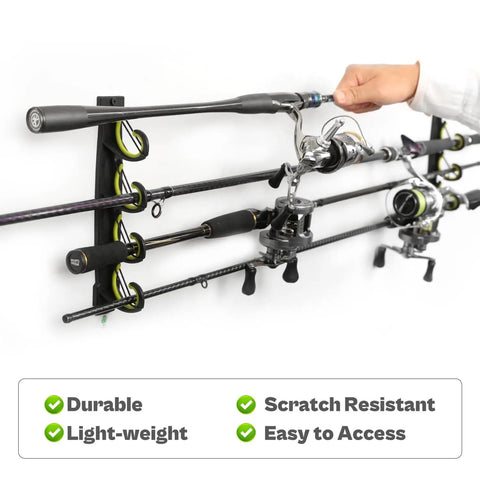 Heavy Duty Fishing Rod Rack for Garage or Vehicle Wall with Soft Rubber Coated Holders, holding fishing rods, side view
