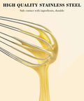 Close-up of Go-To Stainless Steel Balloon Whisk Set In 8 Inch, 10 Inch, And 12 Inch Sizes with batter, durable wire design.