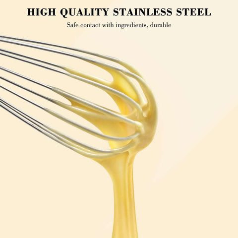 Close-up of Go-To Stainless Steel Balloon Whisk Set In 8 Inch, 10 Inch, And 12 Inch Sizes with batter, durable wire design.