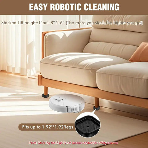 Score Big With These Rock Solid Adjustable Furniture Risers Heavy Duty Stackable Bed Lifts elevating sofa for robotic cleaning.