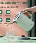 Compact Stainless Steel Electric Kettle 0.8L Portable for Camping, green kettle pouring water into glass, shown on table