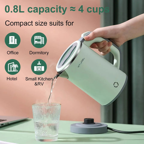 Compact Stainless Steel Electric Kettle 0.8L Portable for Camping, green kettle pouring water into glass, shown on table