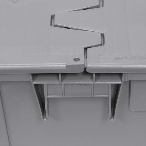 Close-up of gray Industrial Plastic Storage Tote With Hinged Attached Lid 2 Pack Built Tough Heavy Duty Stackable Totes