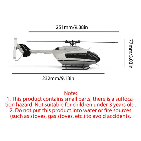 Brushless RC Helicopter With 6 Axis Gyro And Altitude Hold, One Key Takeoff Landing, 2.4GHz Flybarless 4 Channel Remote, dimensions shown