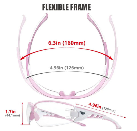 Super Flexible Lightweight Anti Fog Wrap Around Safety Glasses With Scratch Resistant Lenses ANSI Z87.1 dimensions shown