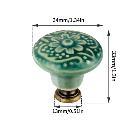 Fresh Green Ceramic Flower Drawer Knobs 4 Pack Vintage Cabinet Hardware With Heavy Duty Mounting Screws Dope Antique Dresser Pulls, showing a close-up of single flower-shaped knob with dimensions.