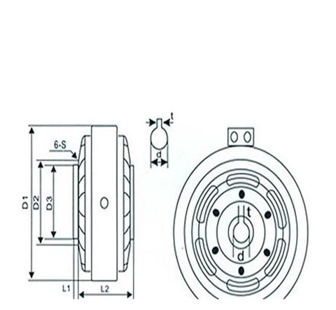 Technical diagram of Hollow Shaft Magnetic Powder Brake 50 Nm for Industrial Equipment and Machinery, showing measurements and design