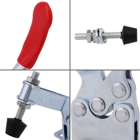 Heavy Duty 4 Pcs Toggle Clamp Set With Quick Release Lever And Super Secure Holding Power For Woodworking Welding Assembly showing handle, clamp, and screws.