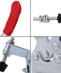 Set Of 4 Heavy Duty Horizontal Toggle Clamps For Welding Woodworking And Metal Jaws close-up of red handle, screws, and clamp details.