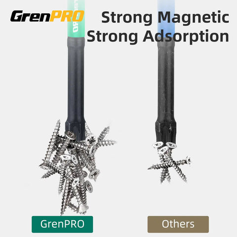 Comparison of two magnetic drivers, GrenPro with strong magnetic screws and others holding fewer screws.
