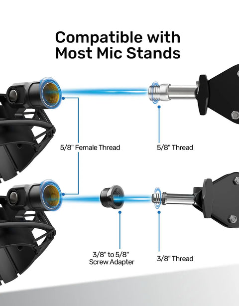 Close-up of Shock Mount For Yeti X Microphone With 2026 Anti Vibration Suspension Clip showing 3/8 to 5/8 adapter compatibility.