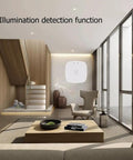 Smart 24GHz MmWave Motion Sensor With Zigbee Presence Detection installed in modern living room, Tuya Smart Life Compatible.