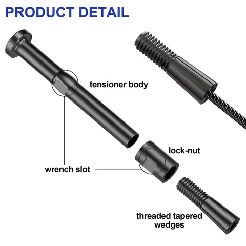 Product detail of 10 Pack Swageless Invisible Cable Railing Kit for Deck and Stair Railings in Black Finish, showing components