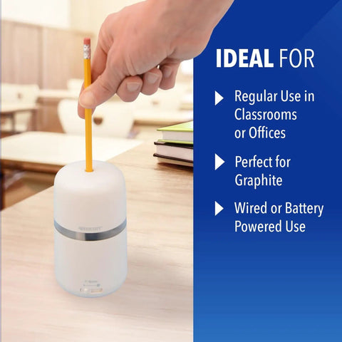 Two In One Battery And Electric Fully Automatic Pencil Sharpener For Regular Graphite And Drawing Pencils With Auto Feed And Auto Eject Adjustable Tip Size Includes AC Adapter Office And School Use White in classroom setting.