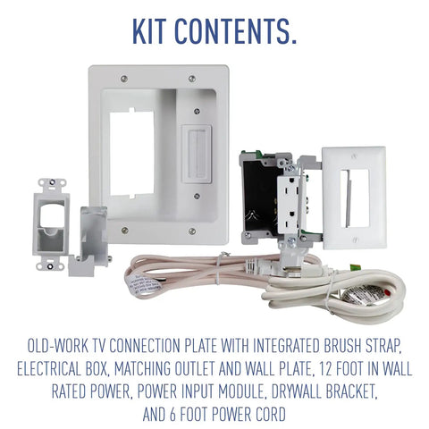 In Wall Power And Cable Management Kit With Recessed Power Bridge For Wall Mounted TVs 12 Foot Reach Cable Organizer Box White Finish