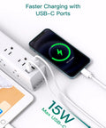 12 Outlet Surge Protector Power Strip With 5 Ft Flat Plug, 3 USB Ports, Wide Space Sockets, charging phone on desk