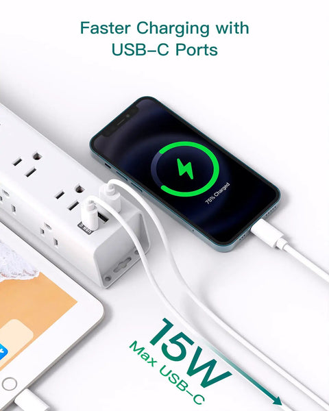 12 Outlet Surge Protector Power Strip With 5 Ft Flat Plug, 3 USB Ports, Wide Space Sockets, charging phone on desk
