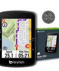 Rider 650 GPS Cycling Computer With 2.8 Inch Color Touchscreen Preloaded USA Map Radar Compatible 33 Hour Battery Life Turn By Turn Navigation Waterproof And Rugged For Serious Rides, showing map interface next to packaging box.