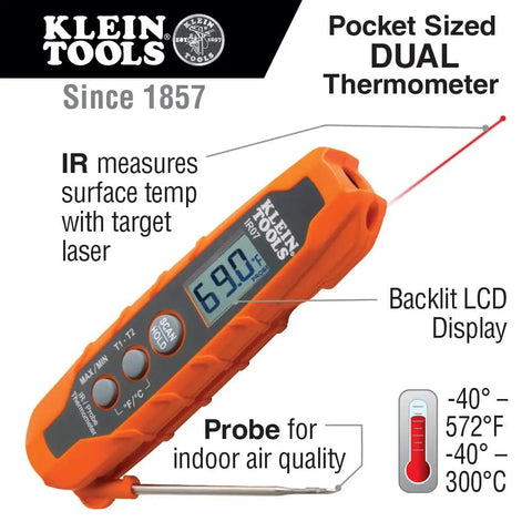IR07 Dual Infrared And Probe Pocket Size LCD Digital Thermometer showing 69.0°F with infrared laser and backlit display