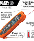 Pocket-sized dual thermometer with IR laser and probe, displaying 69.0°F. Part of HVAC Pro Kit With Digital Clamp Meter Dual IR And Probe Thermometer And Dual Range Non Contact Voltage Tester With Flashlight For Fast Diagnostics And On The Job Electrical Testing.