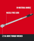 Torque Wrench One Half Inch Drive Adjustable 50 To 250 Ft Lb With Locking Feature Bi Material Handle And Durable Case Built To Last