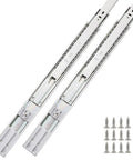 Two 14-inch zinc-plated steel drawer slides with screws, part of Six Pairs Of 14 Inch Three Fold Side Mount Ball Bearing Drawer Slides With Soft Close And Full Extension, 100 Lb Capacity, Screws Included, Zinc Plated Steel For A Quiet, Smooth Glide In Kitchen Or Office Cabinets.