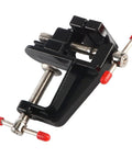 Compact Mini Vise Clamp With A Rock Solid Hold For Woodworking Carving And Jewelry Diy Tasks Dead Simple Table Clip Mount Black Finish close-up angle showing details of the clamp mechanism.