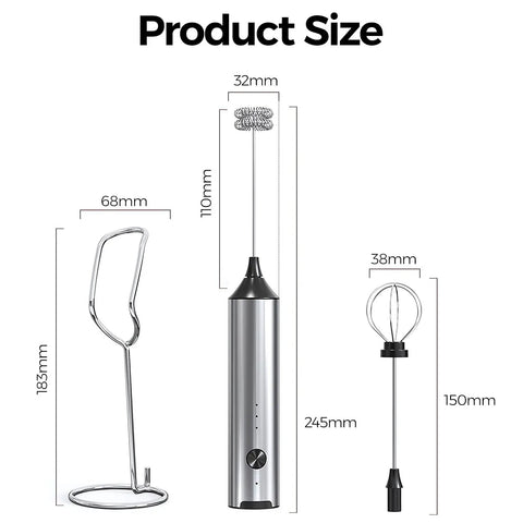 Rechargeable Milk Frother With Stand Handheld Coffee Frother Wand With Stainless Steel Whisk Electric Foam Maker dimensions