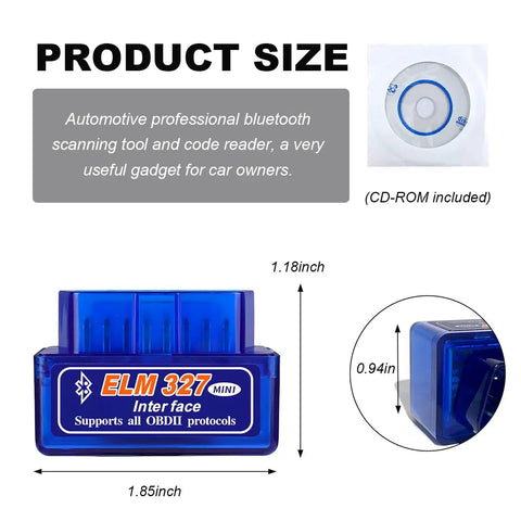 OBD II Bluetooth Car Diagnostic Scanner with ELM327 Code Reader for Android and iOS with dimensions and CD-ROM