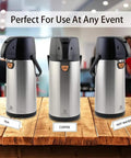 Pump Action Airpot Coffee Dispenser 3L Stainless Steel Thermal Carafe on table labeled for tea, coffee, and hot water