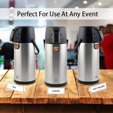 Pump Action Airpot Coffee Dispenser 3L Stainless Steel Thermal Carafe on table labeled for tea, coffee, and hot water
