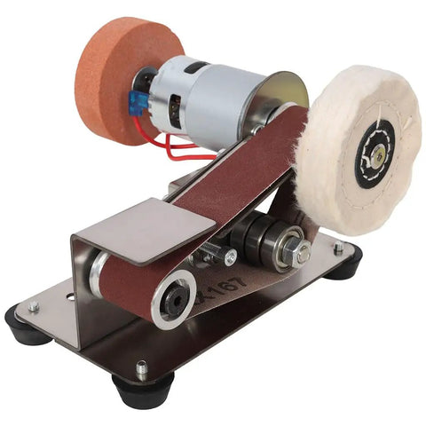 Aynuma Mini Belt Sander 7-Speed Electric Grinder Knife Sharpening Tool With Forward Reverse Rotation showing sanding and buffing wheels