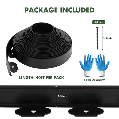 Package includes 1.5 Inch Tall Garden Edging Kit With 40 Ft Flexible Landscape Coil, 40 Spikes, gloves for DIY installation.