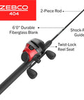 Spincast Reel And Rod Combo With A 6 Foot Two Piece Rod Size 40 Reel Right Hand Retrieve Pre Spooled With 15 Pound Line, black and red rod with twist-lock reel seat.